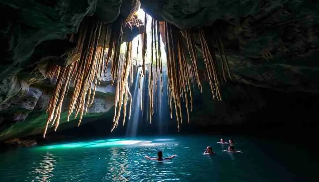 Cenote Ik Kil near Chichen Itza with its hanging vines and crystal clear water Cenote Ik Kil near Chichen Itza with its hanging vines and crystal clear water