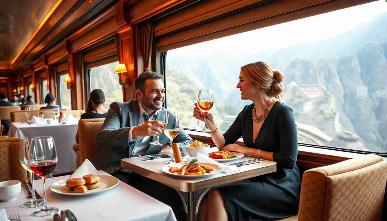 Couple enjoying luxury train dining experience en route to Machu Picchu in 2025