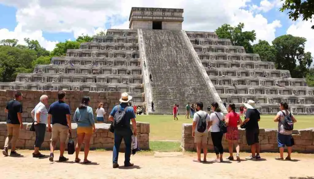 Sustainable tourism practices at Chichen Itza showing proper waste disposal and respectful viewing of ruins Sustainable tourism practices at Chichen Itza showing proper waste disposal and respectful viewing of ruins